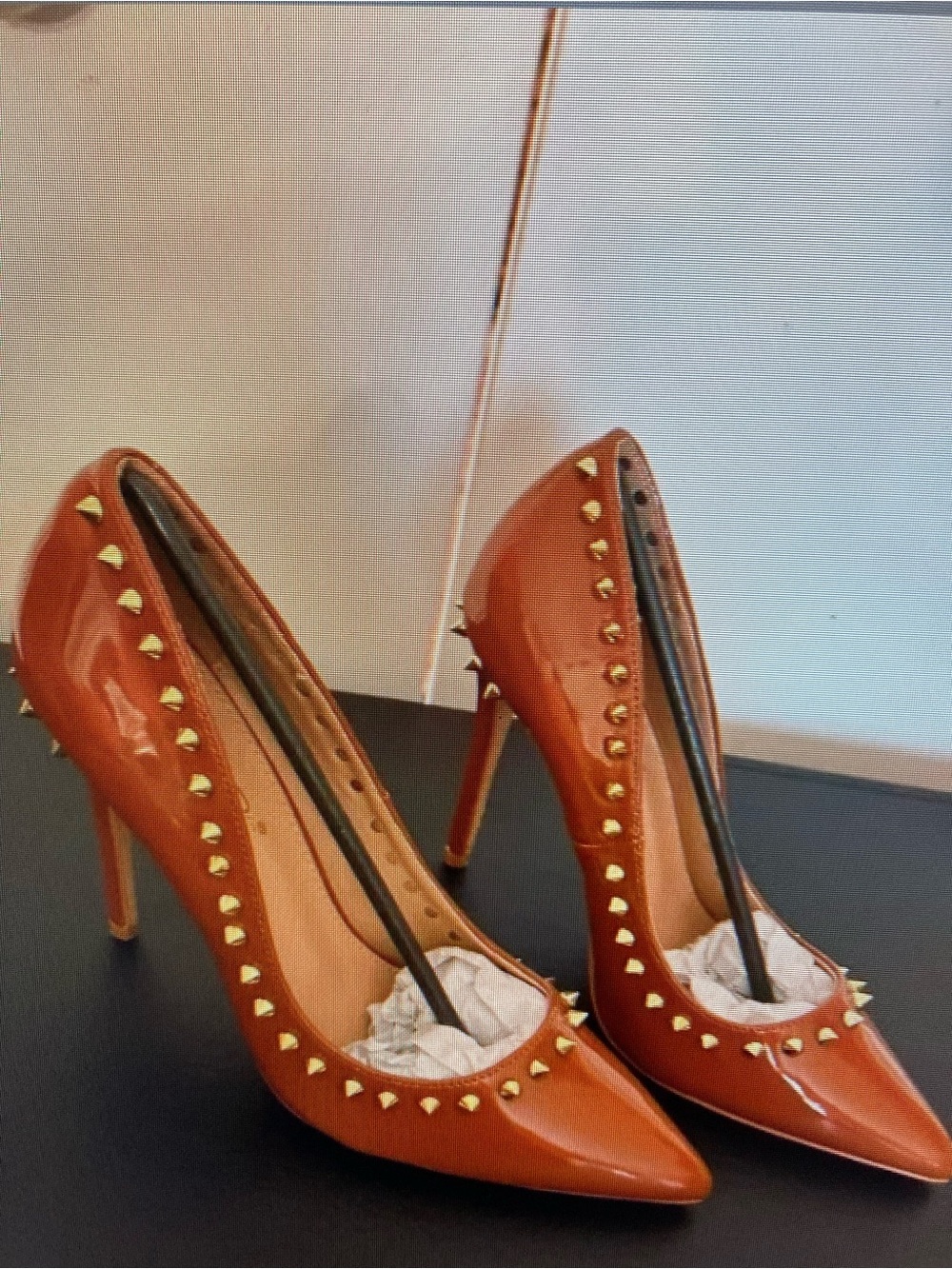 Pointed Patent High Heels with Gold Stud Trim - Cognac
